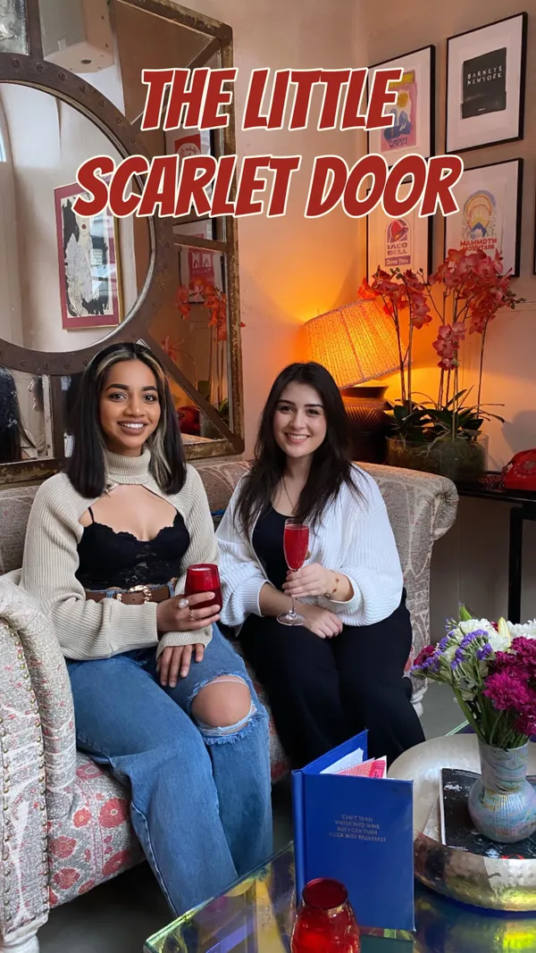 This video showcases "The Little Scarlet Door", a bar in Tottenham Court Road, London. It highlights the bar's unique aesthetic, with various rooms decorated in different styles. The video features several cocktails, including an orange-colored cocktail in a coupe glass, a pink slushy drink in a milk bottle, and others shown briefly. The bar's decor is eclectic and features a lot of pink, and other decor elements like a retro phone, board games, and quirky artwork.  The video also shows a small, intimate seating area with an orange couch. No dietary information is provided.