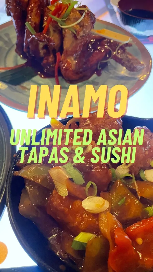 The video showcases Inamo restaurant in London, focusing on their unlimited Asian tapas deal for £36.  The video shows various dishes, including chicken wings, gyoza, tempura, and sushi.  The presentation is modern, and some dishes are visually appealing with vibrant colors. The video also highlights the interactive table ordering system and integrated games. Dietary information is not explicitly provided. The main focus is on showcasing the food, the restaurant's unique ordering system and the overall dining experience.