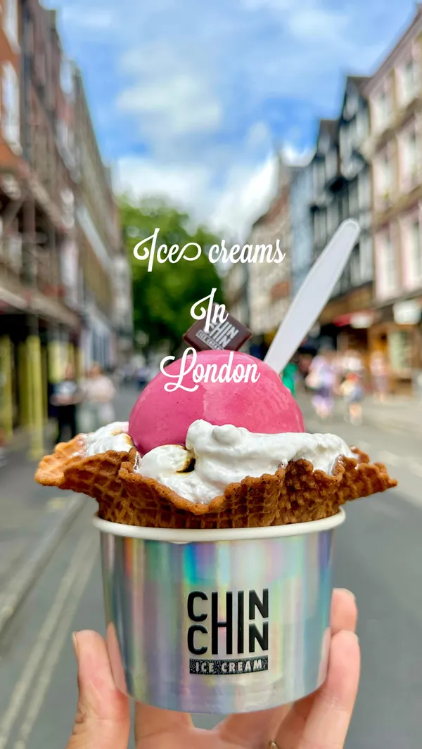 The video showcases a variety of ice cream and gelato from different London shops. Each clip features a different ice cream, held in hand against a backdrop of the shop's exterior.  The ice creams vary in flavor, presentation, and style.  No dietary information is explicitly provided.