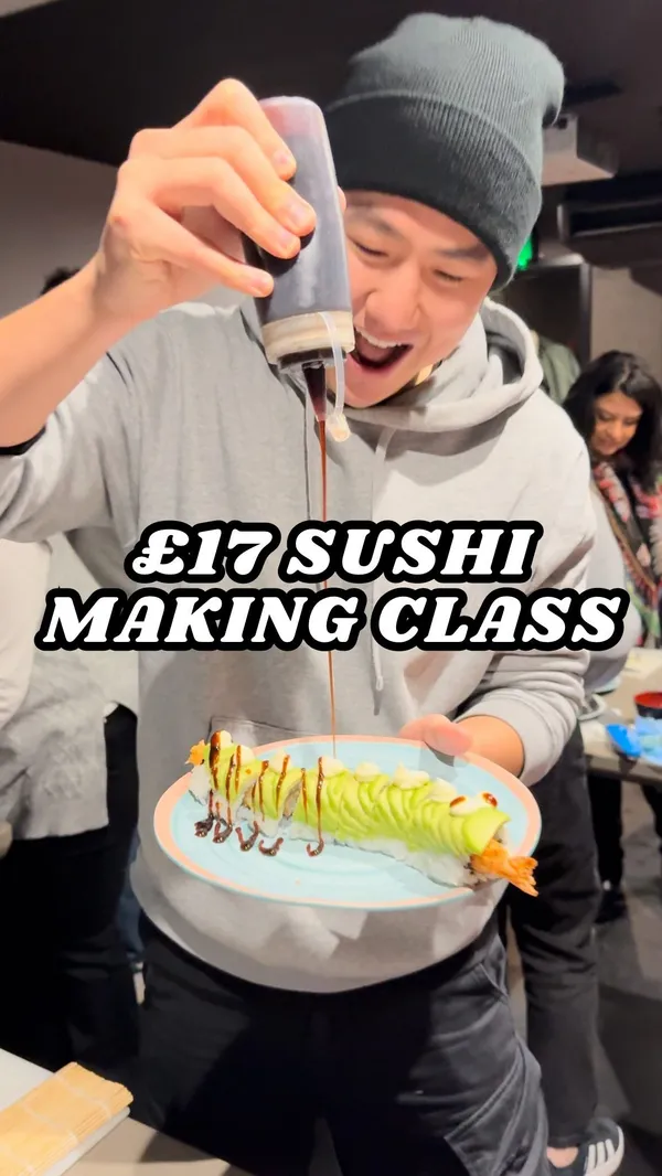 The video showcases Inamo restaurant in Soho, London, focusing on their 'Roll Your Own' Dragon Sushi making class. It features various sushi rolls being prepared and the finished product, highlighting fresh ingredients and vibrant colors. The class appears fun and engaging, with a lively chef and participants.  No specific dietary information is provided.