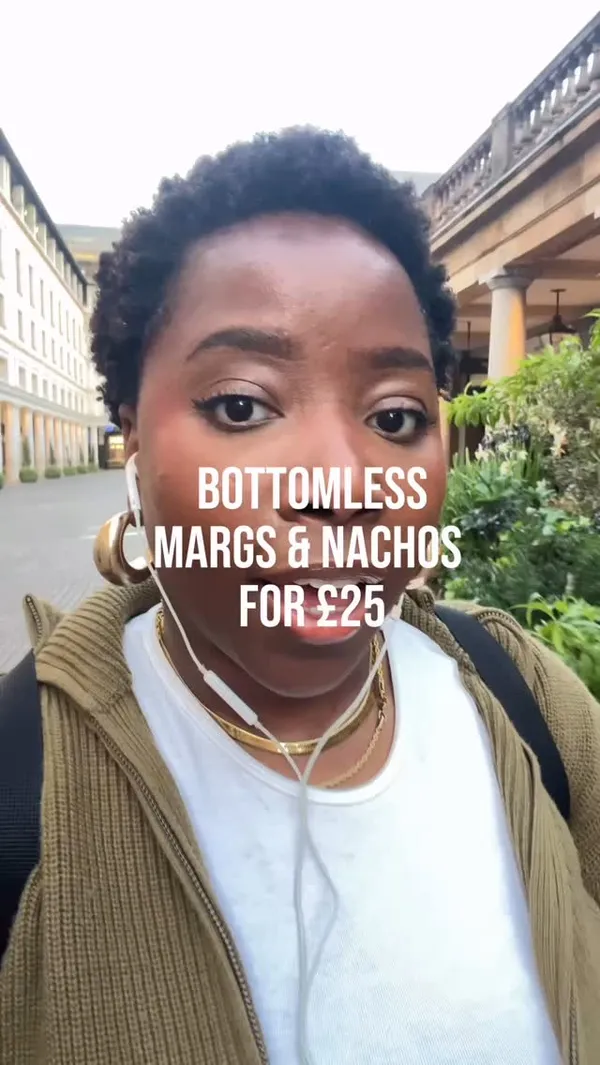 Video showcasing a bottomless margaritas and nachos deal at Maxwell's Covent Garden. Features shots of various margaritas including Mexican Sunrise, Cucumber & Mint Paloma, Watermelon Margarita, Caramelised Pineapple Margarita, Spicy Cucumber Margarita, Spiced Cherry Margarita, Aperol Margarita, and Coconut Margarita. Also shows plates of nachos and tacos (steak and chicken). The influencer provides taste feedback on the food and drinks and gives an overall rating of the experience.