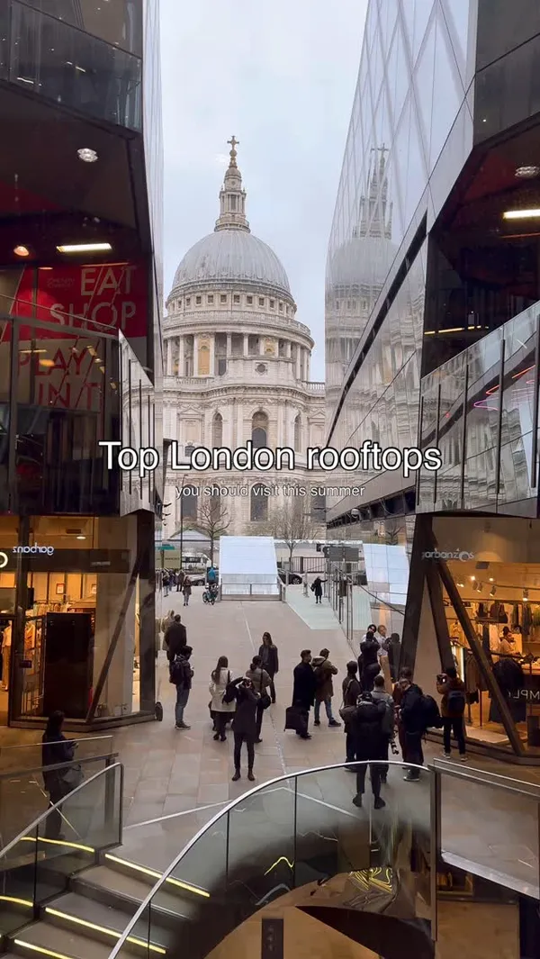 The video showcases a compilation of different rooftop locations in London. It features views of the city skyline and landmarks like St Paul's Cathedral. The video includes shots of various food items such as pasta, roasted meat, small bites, shishito peppers, and chicken, as well as drinks like cocktails, wine, and water. It shows different settings including indoor dining areas with large windows, outdoor terraces, and unique igloo-like seating structures. People are shown dining, socializing, and enjoying the views.