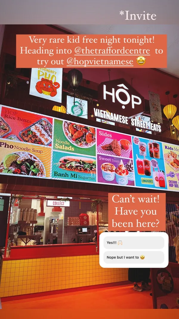 Can’t wait! Have you been here? *Invite  Very rare kid free night tonight! 
Heading into @thetraffordcentre  to try out @hopvietnamese 🤩