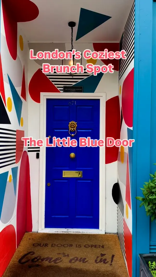 The video showcases The Little Blue Door, a brunch spot in Fulham, London. It begins with an exterior shot of the restaurant's colorful entrance, followed by interior views highlighting the eclectic decor, including seating areas, wall art, and lighting. The video features the brunch menu, close-ups of dishes like house pancakes and an NYC breakfast-style burger, and drinks. The presentation emphasizes the restaurant's cozy and Instagram-worthy atmosphere. There is no specific dietary information mentioned. The main focus is on showcasing the restaurant's ambiance and brunch offerings.