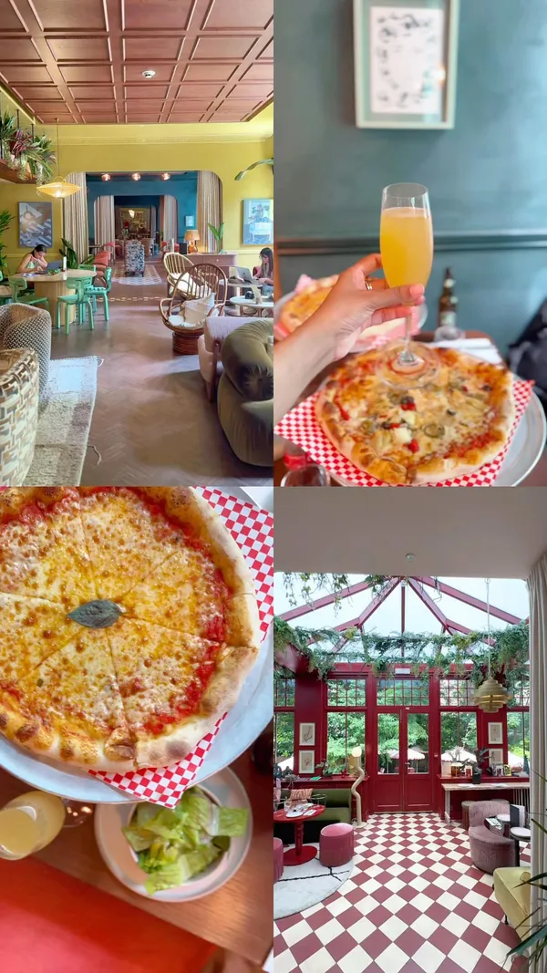 A short, split-screen video showcasing a restaurant called EVE X Proper Slice. The video is divided into four quadrants, displaying different views of the restaurant's stylish and colorful interior, including a conservatory-style room with red and white checkered flooring. It also features close-up shots of two different pizzas, one of which appears to be a margherita, and a hand holding a yellow cocktail in a wine glass.