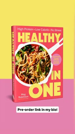 Excited author reveals her cookbook 'Healthy in One', featuring easy, high-protein recipes, available for pre-order.