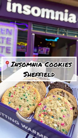 Delicious vegan cookies from Insomnia Cookies in Sheffield, featuring birthday cake, chocolate chunk, and double chocolate flavors.