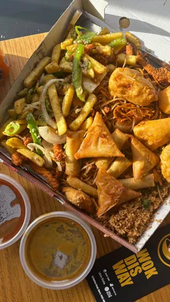 Viral Munchie Box from Wok Dis Way in Barry, featuring meaty balls, chicken, samosas, and chow mein, perfect for families.