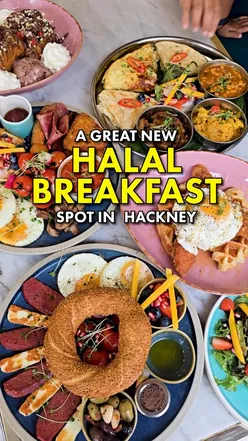 Brunch dishes including French toast, chicken waffles, and a desi breakfast at a Hackney café. Fully halal and recommended.