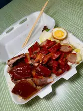 Delicious mix roast meats with egg and rice from Maxi's Rotisserie in Leeds Kirkgate Market.