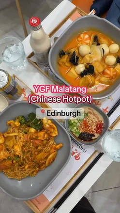 Alt text: "Delicious hotpot meal with Tom Yam and Spicy Mix flavors at YGF Malatang, South Clerk Street, Edinburgh.