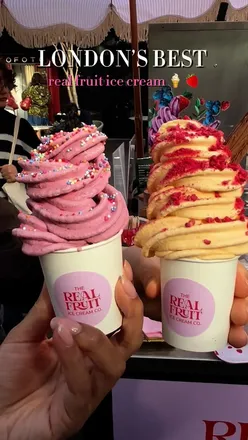 Real Fruit Ice Cream Co. pop-up in Spitalfields serving refreshing New Zealand fruit ice cream flavors, including mango and mixed berries.