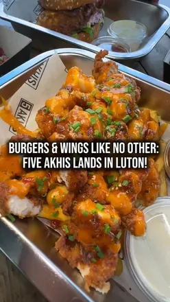 Delicious burgers and mocktails at Five Akhis in Luton, featuring juicy burgers, spicy wings, and sweet desserts.