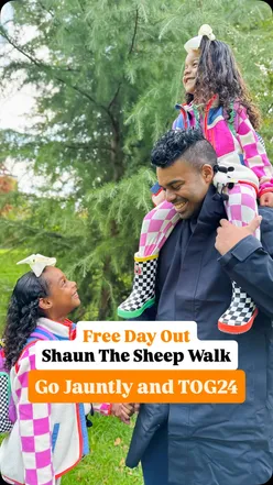 Family enjoying the Shaun the Sheep AR walk in Battersea Park, London with Go Jauntly and TOG24 outdoor gear.