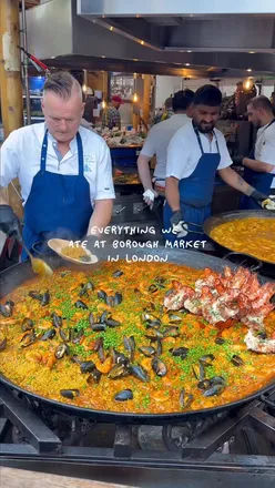 Visitors enjoying delicious foods at Borough Market, including sausage rolls, matcha, and top-tier donuts.