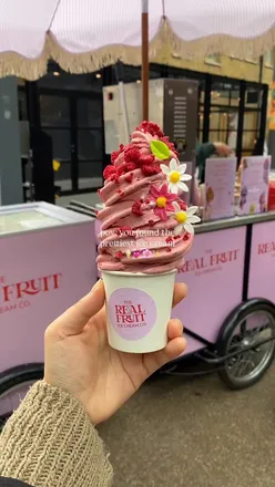 Real Fruit Ice Cream co pop-up at Old Spitalfields Market, serving delicious vanilla and fruit-blended ice cream.