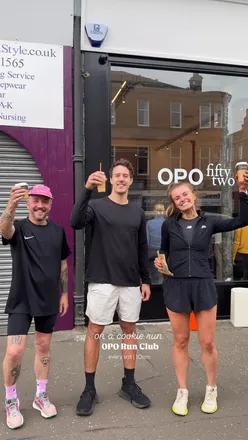 OPO Run Club members running and enjoying cookies every Saturday at 10am.