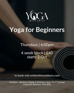 Beginner yoga class invite in Renfrew with a welcoming atmosphere and personal guidance for new practitioners.
