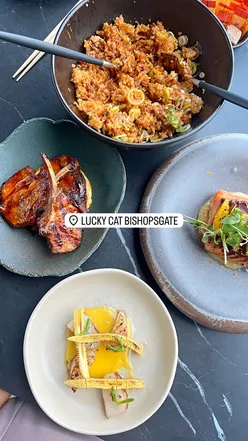 Delicious Spiced Lamb Chop, grilled miso salmon, and more at Lucky Cat, Bishopsgate, with stunning London skyline views.