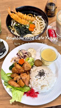 Authentic Japanese lunch plate at Neighbourhood Cafe Yukari with soy chicken, rice, and traditional desserts in Richmond.