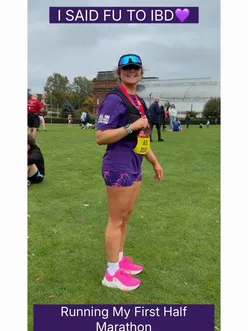 Runner celebrating completing the Great Scottish Run, raising funds for IBD awareness and support, wearing running gear.