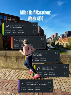 Runner celebrating week 4 of Milan Half Marathon training with a challenging speed session and delicious sausage rolls at Bake Leeds.