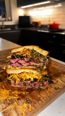 Delicious Pitt Bros steak frites toastie with mozzarella, chimichurri, and fries featured in Square Sambos series.