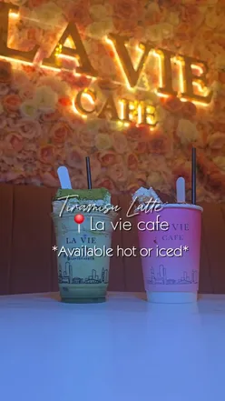 Delicious Tiramisu latte at La Vie Cafe, Manchester, perfect for cozy seasons. Hot or iced, a dessert in a mug!