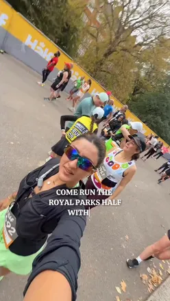 Runner celebrating race day at the Royal Parks Half Marathon in London, sharing excitement for future races.