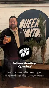 Cozy winter rooftop at Queen of Hoxton, featuring firepits, fairy lights, and a festive yurt in Shoreditch, London.