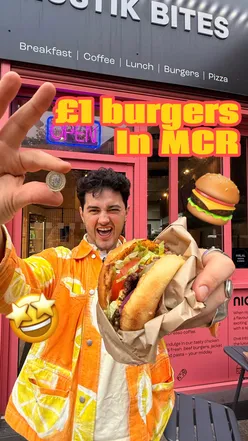 £1 burger promotion at Rustik Bites, Manchester, featuring a tasty burger giveaway and app discount information.