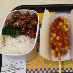 Delicious Chicken Katsu Curry and Sweet & Spicy Cup bap at Bunsik, Bristol, featuring a tasty Potato & Mozzarella corn dog.