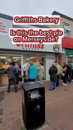 Griffith’s Bakery in New Ferry, Wirral, serving fresh pies, with long queues of eager customers.