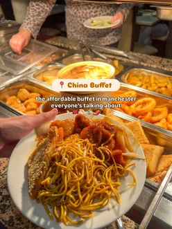 Delicious dishes at China Buffet in Manchester Chinatown, featuring sweet & sour, fried prawns, and dessert delights.