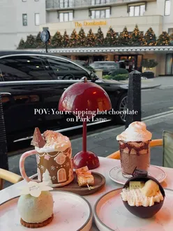 Festive hot chocolates and desserts at Elan Cafe, Park Lane, showcasing seasonal treats until December 31st.