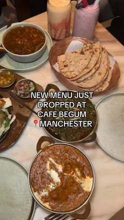 Delicious dishes from Cafe Begum in Manchester, featuring grilled platter, butter chicken, and refreshing desserts.