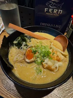 Daughter and mother enjoying lunch at Fern Modern Sushi in Leeds, featuring sushi and ramen dishes.