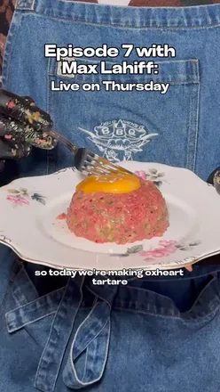 Teaser for new podcast episode featuring rugby star Max Lahiff as sous-chef, preparing steak tartare.