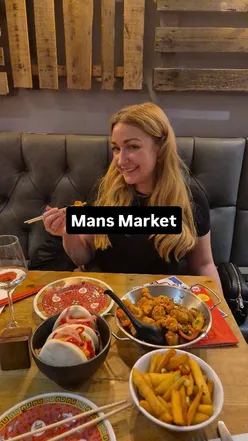 Enjoying delicious teriyaki popcorn chicken and salt & pepper chicken at MANS Markets in Leeds this January!