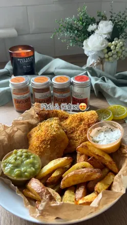 Delicious homemade fish and chips made with Favourit herbs, served with mushy peas and tartar sauce in an air fryer.