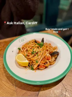 Delicious linguine with seafood and pollo alla genovese at Ask Italian in Cardiff, enjoying a buy 1 get 1 free deal.