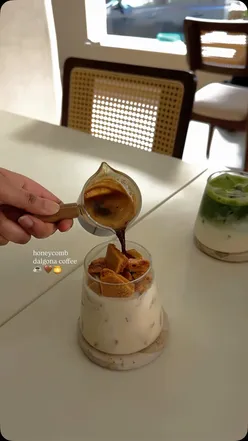 Indulgent honeycomb dalgona coffee at Rae's Cafe in Leicester, perfect for coffee lovers and Instagram moments.