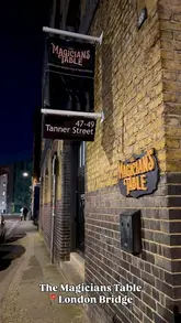 A straightforward, functional exterior shot of 'The Magicians Table' venue in London Bridge, serving as an establishing shot for an immersive magic experience.