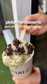 A short, punchy compilation video showcasing three different pistachio-themed desserts at various London hospitality venues, including a cookie pudding, Italian pancakes, and a tortino al pistacchio.