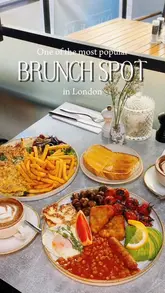 A short montage showcasing a brunch spread at Double J's Cafe in London, featuring coffee, an omelette with fries, and a full breakfast plate.