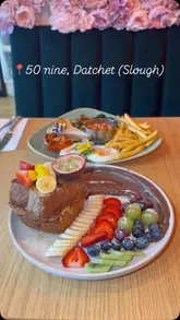 A short montage showcasing the interior, exterior, and menu items of 50 Nine cafe in Datchet, featuring dishes like French toast, a breakfast plate, and an omelette.