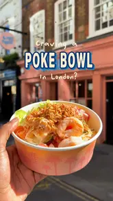 The creator visits a Poke House location in London, demonstrating the process of building a custom poke bowl with various proteins and toppings, and shares their experience of the meal.
