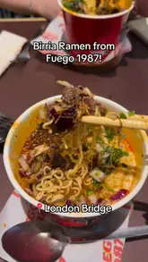 A creator reviews the Birria Ramen at Fuego 1987 in a London food hall, highlighting the portion size and taste while providing a personal recommendation.