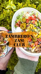A promotional video for the Zambrero loyalty scheme, showcasing the restaurant exterior, interior, and food items like burrito bowls and burritos while explaining how to join the Zam Club.