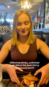 A promotional reel showcasing a bottomless brunch experience at Jardim Brazilian Steakhouse, highlighting the unlimited drinks, salad bar, and brunch dishes available for a set price.